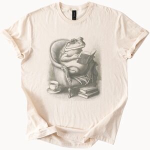 Literary Frog Graphic Tee Whimsical Reading Armchair Art